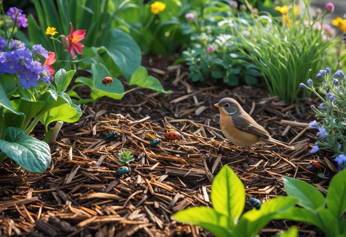 19+ Bird Friendly Garden Ideas: Essential Tips for Attracting Wildlife in Your US Backyard 17 A garden bed with natural mulch, green plants, small insects on the mulch, and a small bird perched nearby.