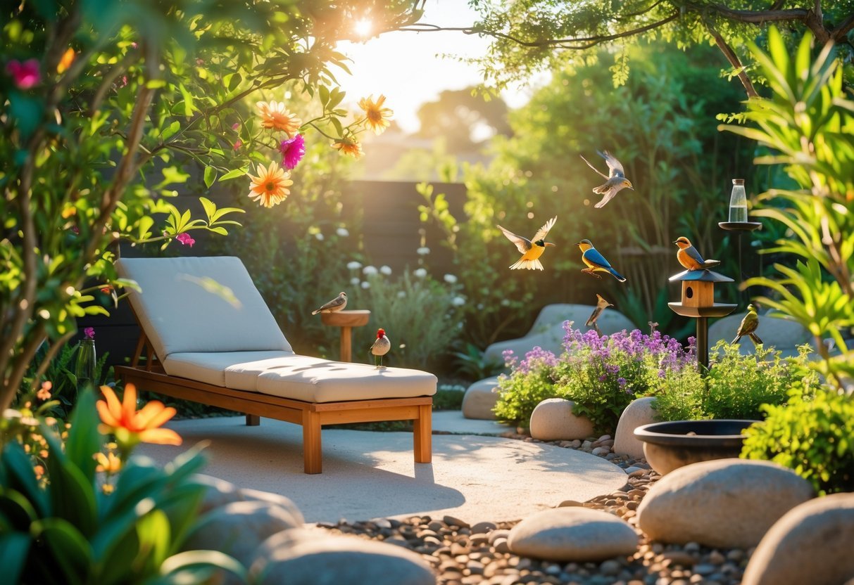 19+ Bird Friendly Garden Ideas: Essential Tips for Attracting Wildlife in Your US Backyard 18 A sunny garden spot with a wooden bench surrounded by green plants and colorful birds perched nearby.