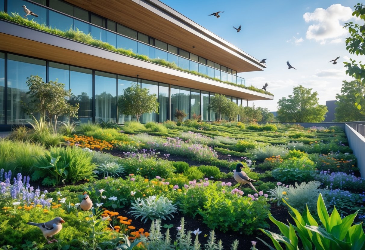 19+ Bird Friendly Garden Ideas: Essential Tips for Attracting Wildlife in Your US Backyard 19 A modern building with a green roof garden filled with plants and birds perched among the vegetation.