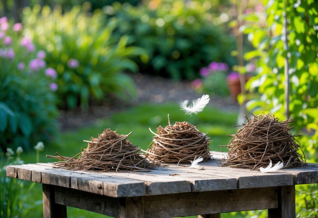 19+ Bird Friendly Garden Ideas: Essential Tips for Attracting Wildlife in Your US Backyard 20 Small piles of twigs arranged in a garden with green plants and flowers in the background.