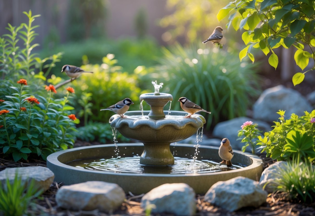 19+ Bird Friendly Garden Ideas: Essential Tips for Attracting Wildlife in Your US Backyard 21 A garden scene with a bird-friendly fountain surrounded by plants and small birds drinking from the water.