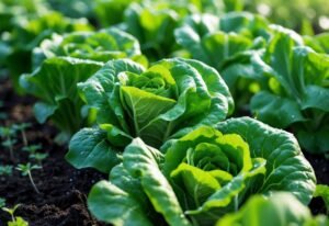 Fresh green lettuce plants growing in a garden bed with healthy leaves and dark soil.