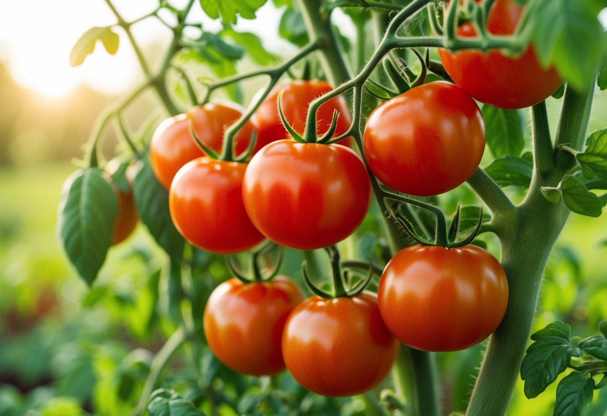 25+ Easy to Grow Vegetables: Varieties Perfect for Beginner Gardeners in the US 3 Ripe red tomatoes growing on a green tomato plant in a sunny garden.