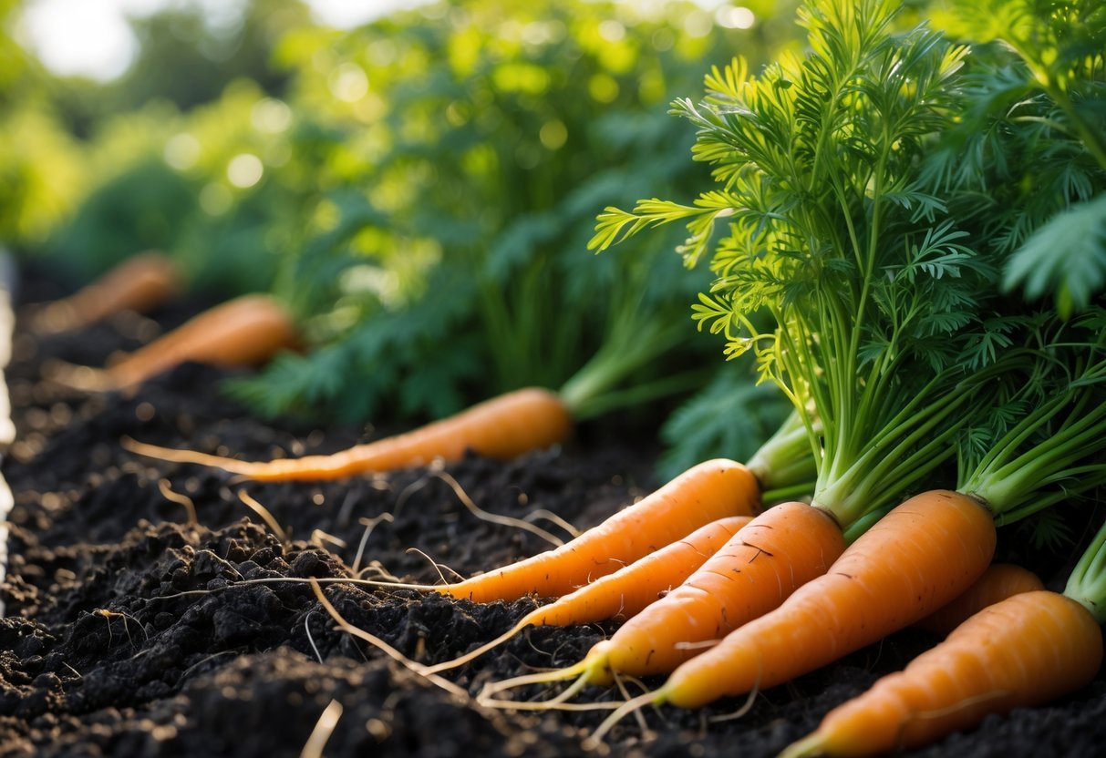 25+ Easy to Grow Vegetables: Varieties Perfect for Beginner Gardeners in the US 4 Fresh orange carrots growing in dark soil with green tops in a garden bed.