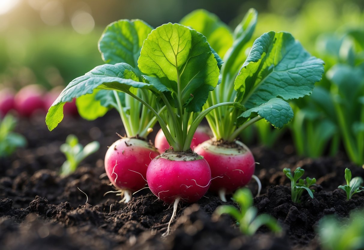 25+ Easy to Grow Vegetables: Varieties Perfect for Beginner Gardeners in the US 5 Close-up of fresh red radishes growing in soil with green leaves in a garden.