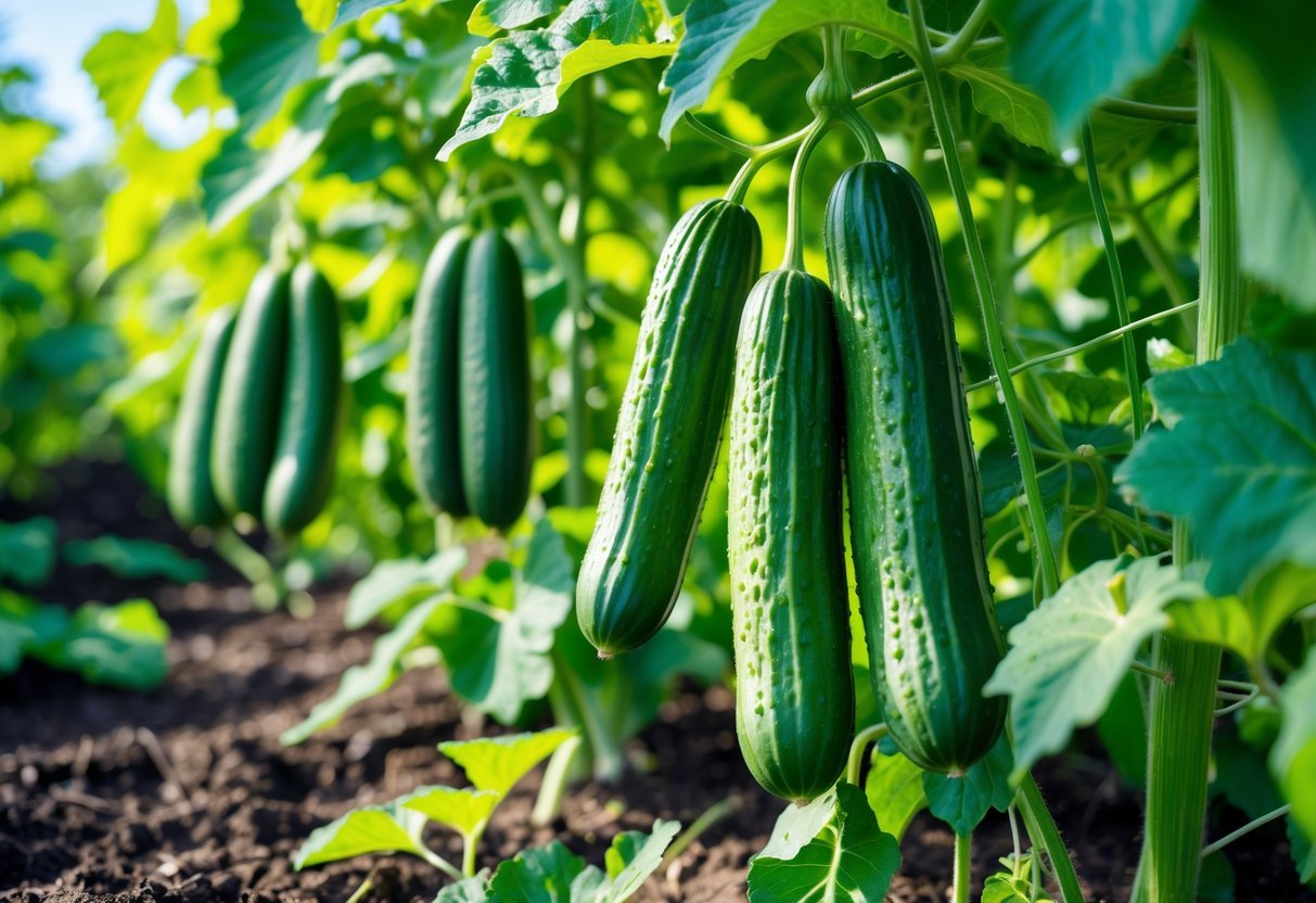 25+ Easy to Grow Vegetables: Varieties Perfect for Beginner Gardeners in the US 7 Fresh cucumbers growing on green plants in a vegetable garden.