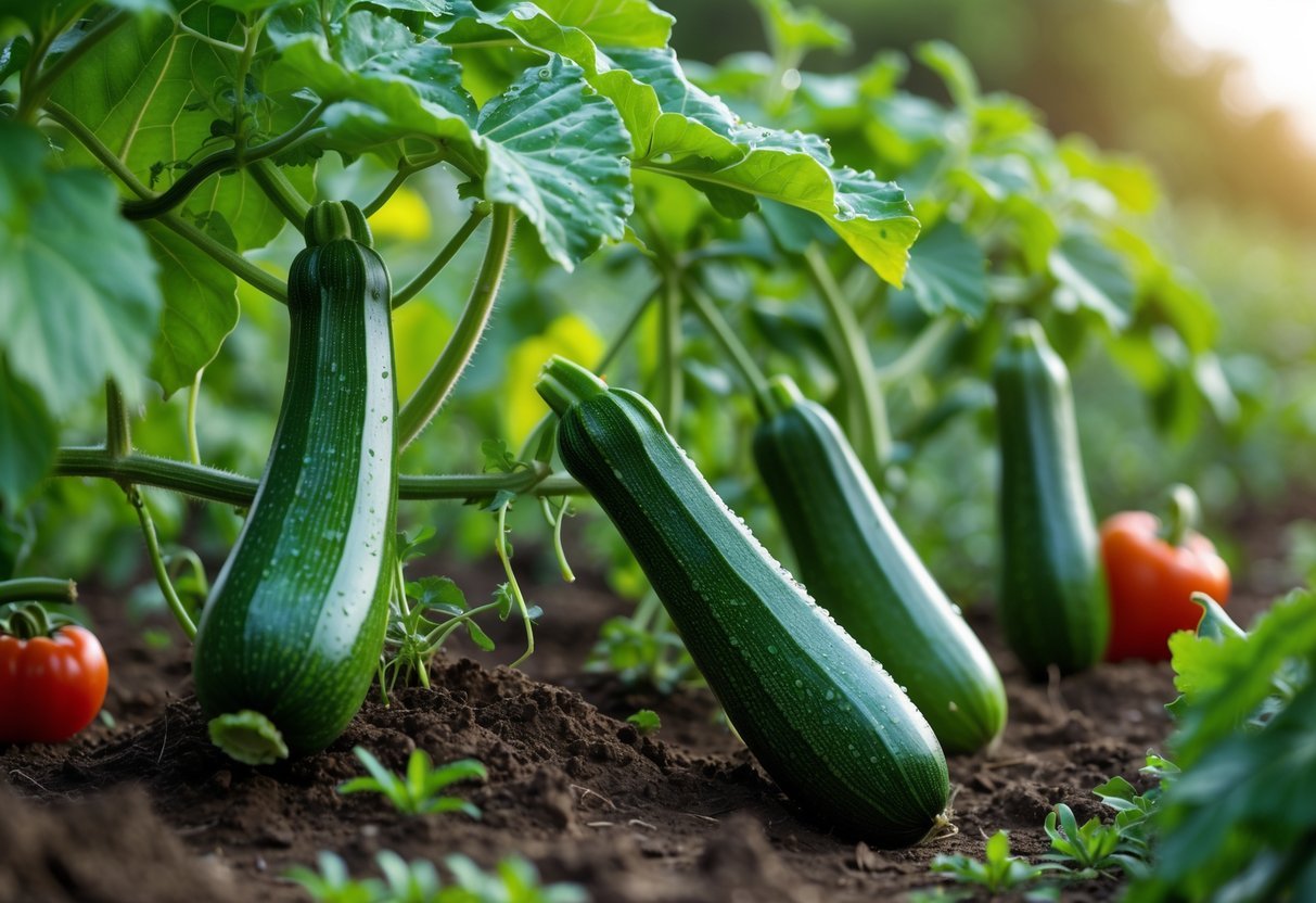 25+ Easy to Grow Vegetables: Varieties Perfect for Beginner Gardeners in the US 8 A vegetable garden with healthy zucchini plants and several zucchinis growing on the vine surrounded by other vegetables.