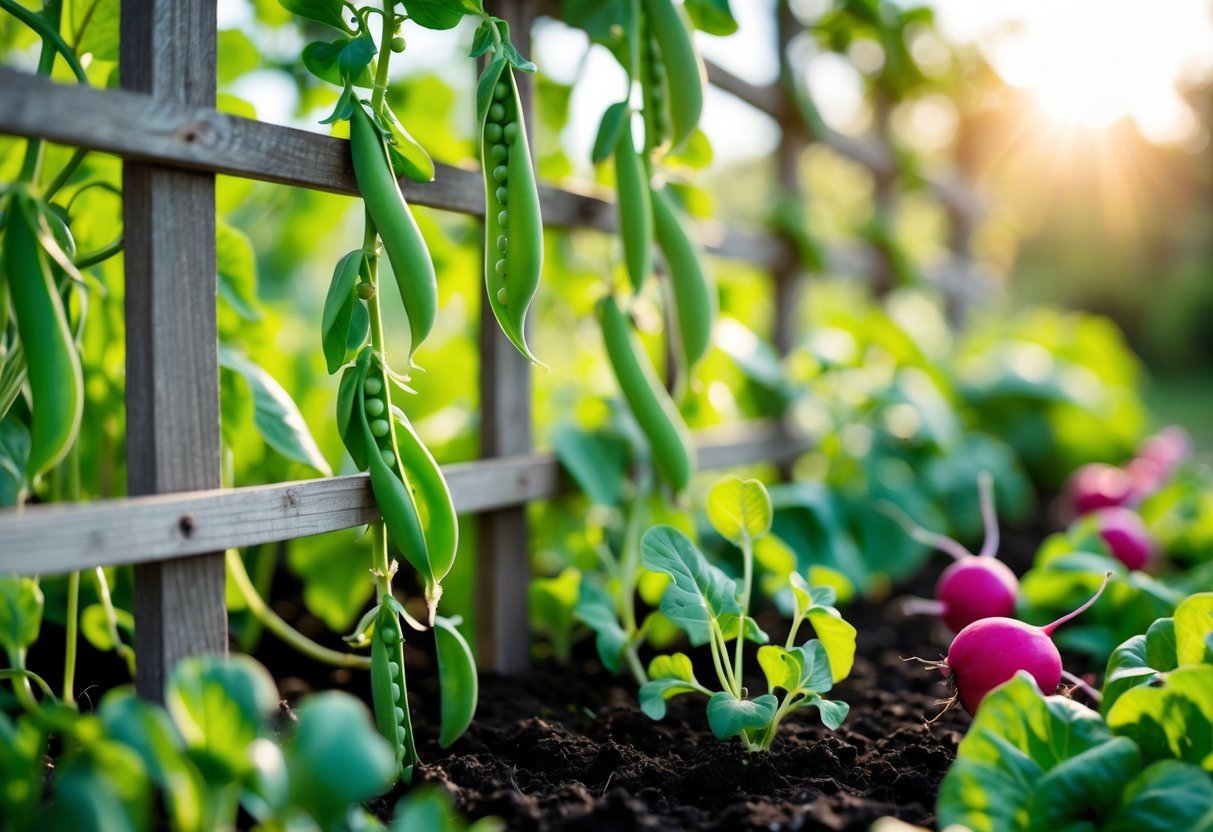 25+ Easy to Grow Vegetables: Varieties Perfect for Beginner Gardeners in the US 9 A small vegetable garden with green pea plants climbing on a wooden trellis and other vegetables growing in neat rows.