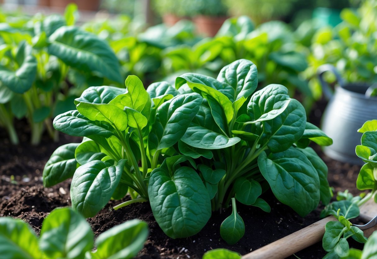 25+ Easy to Grow Vegetables: Varieties Perfect for Beginner Gardeners in the US 10 Close-up of fresh spinach plants growing in a garden with gardening tools nearby.