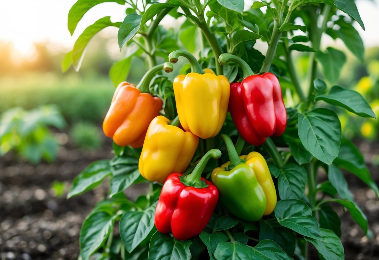 25+ Easy to Grow Vegetables: Varieties Perfect for Beginner Gardeners in the US 11 Ripe red, yellow, and green bell peppers growing on a healthy plant in a garden.