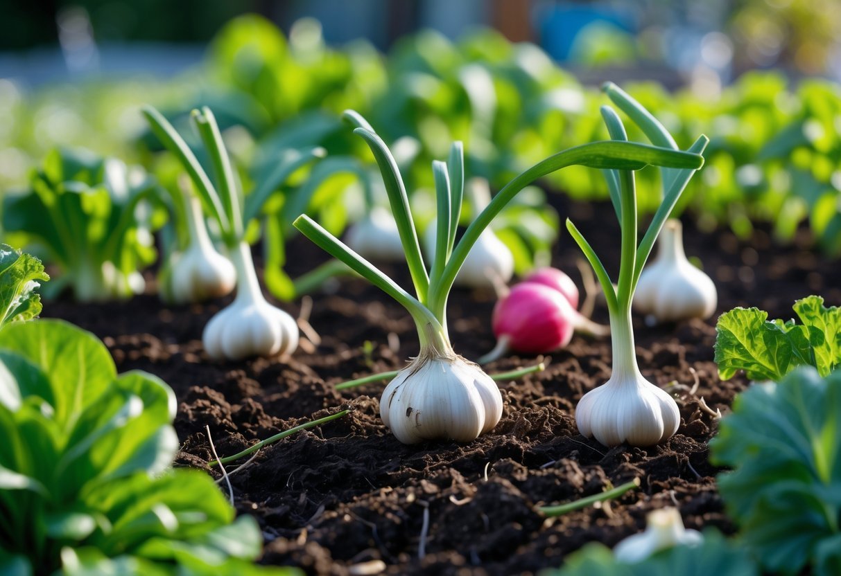 25+ Easy to Grow Vegetables: Varieties Perfect for Beginner Gardeners in the US 12 A garden bed with garlic plants growing in dark soil surrounded by other vegetables under sunlight.