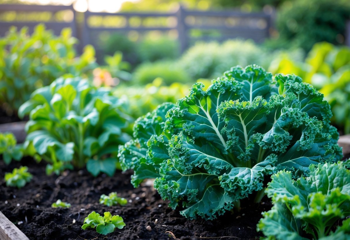 25+ Easy to Grow Vegetables: Varieties Perfect for Beginner Gardeners in the US 13 A garden bed with healthy green kale plants growing outdoors in natural sunlight.