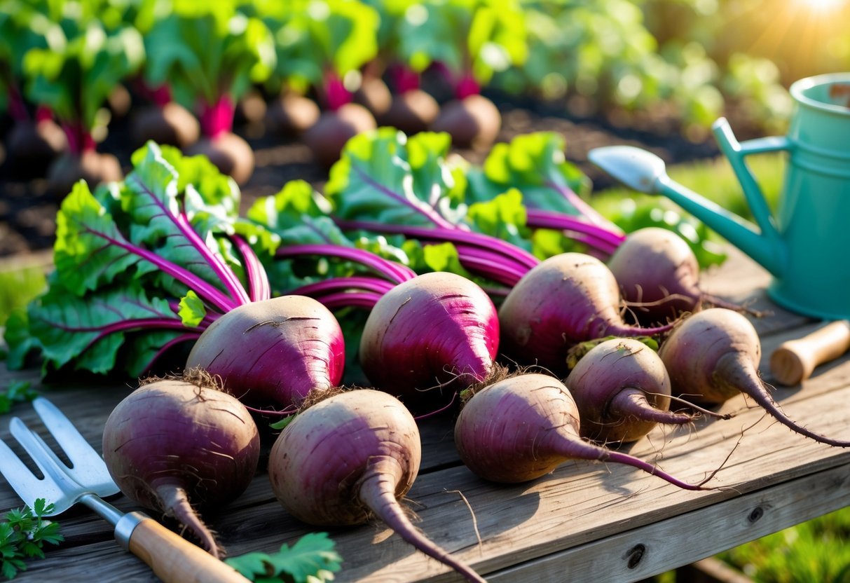 25+ Easy to Grow Vegetables: Varieties Perfect for Beginner Gardeners in the US 14 Freshly harvested beets with green leaves on a wooden table next to gardening tools and a garden bed with growing beet plants.