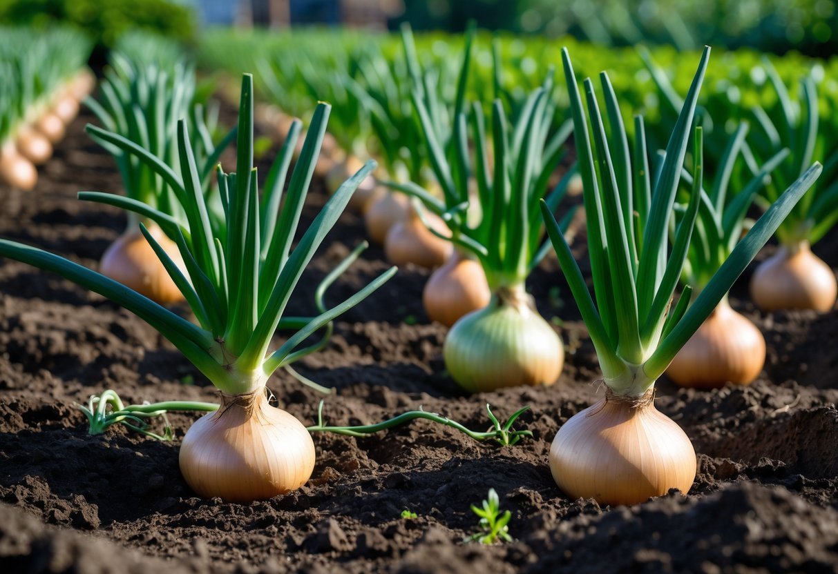 25+ Easy to Grow Vegetables: Varieties Perfect for Beginner Gardeners in the US 15 Fresh onions growing in a vegetable garden with green leaves and bulbs visible in the soil.