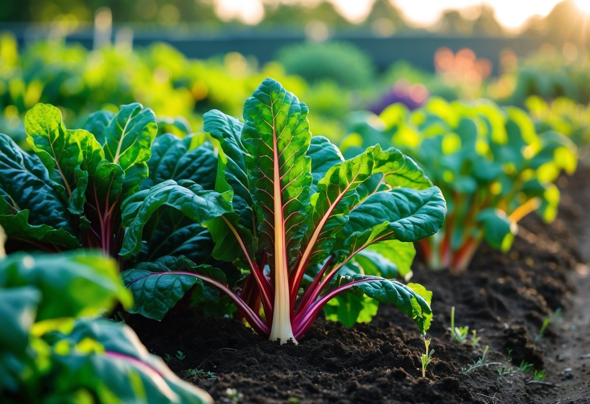 25+ Easy to Grow Vegetables: Varieties Perfect for Beginner Gardeners in the US 16 Close-up of healthy Swiss chard plants growing in a garden bed with colorful stems and green leaves.