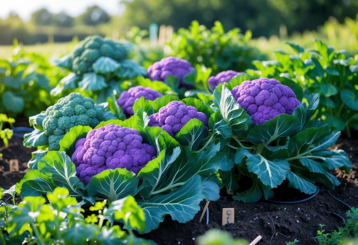 23+ Garden Ideas for Growing Unusual Vegetables: Unique Picks for US Home Gardens 3 A garden bed with purple cauliflower plants growing among other unusual vegetables under natural sunlight.