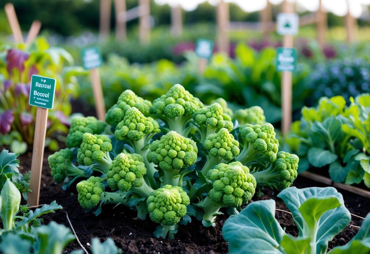 23+ Garden Ideas for Growing Unusual Vegetables: Unique Picks for US Home Gardens 4 A garden bed with green Romanesco broccoli plants growing among other unusual vegetables in natural daylight.