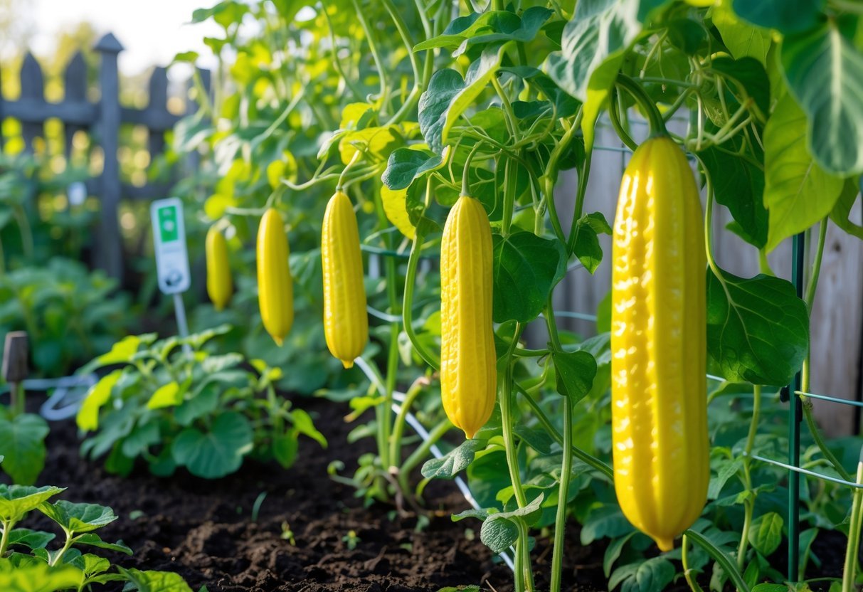 23+ Garden Ideas for Growing Unusual Vegetables: Unique Picks for US Home Gardens 5 A garden bed with lemon cucumber plants bearing bright yellow, lemon-shaped cucumbers among green leaves and other vegetable plants.