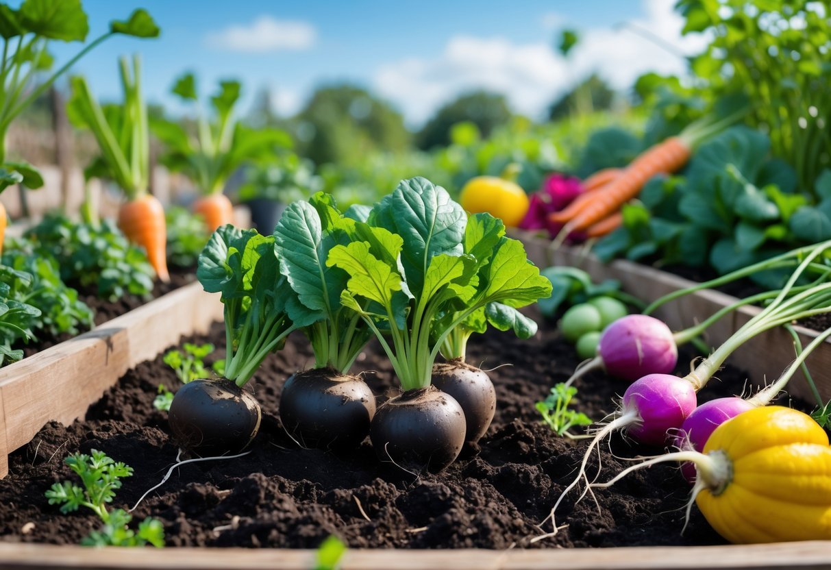 23+ Garden Ideas for Growing Unusual Vegetables: Unique Picks for US Home Gardens 6 A vegetable garden bed with black radishes growing in dark soil surrounded by other unusual vegetables and green leaves under a clear sky.