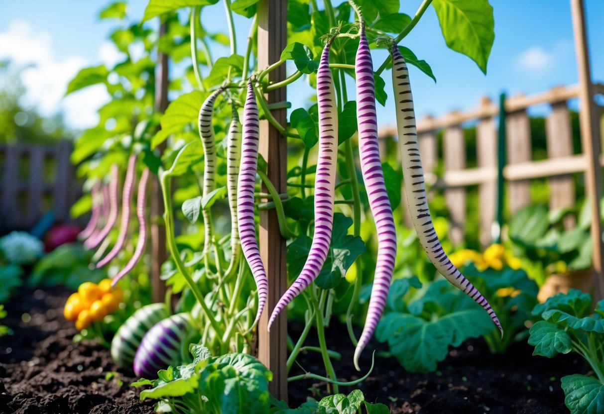 23+ Garden Ideas for Growing Unusual Vegetables: Unique Picks for US Home Gardens 7 A garden with Dragon Tongue beans growing on wooden trellises surrounded by other colorful vegetables in sunlight.