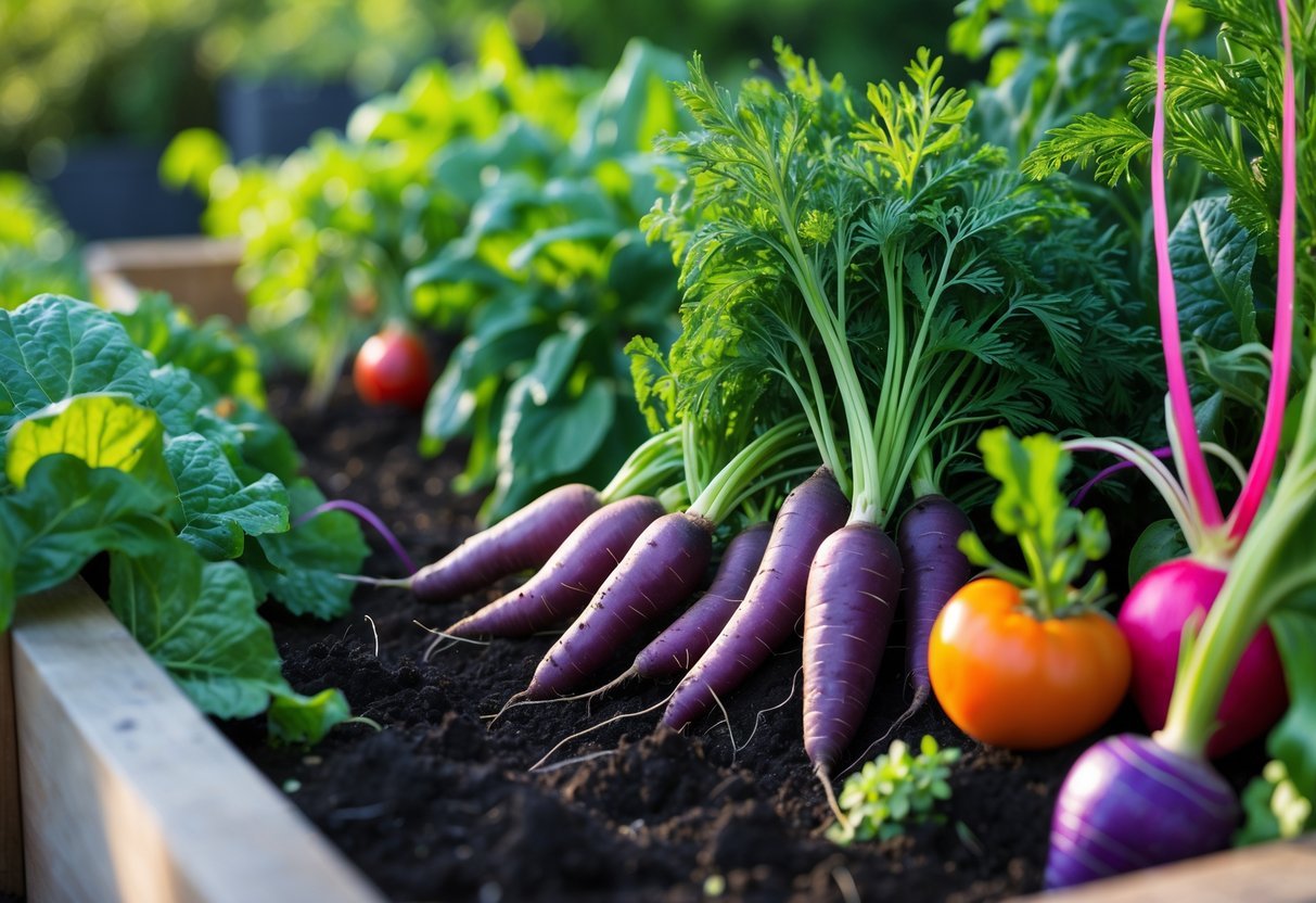 23+ Garden Ideas for Growing Unusual Vegetables: Unique Picks for US Home Gardens 8 A garden bed with purple carrots growing among other colorful vegetables and green leafy plants.