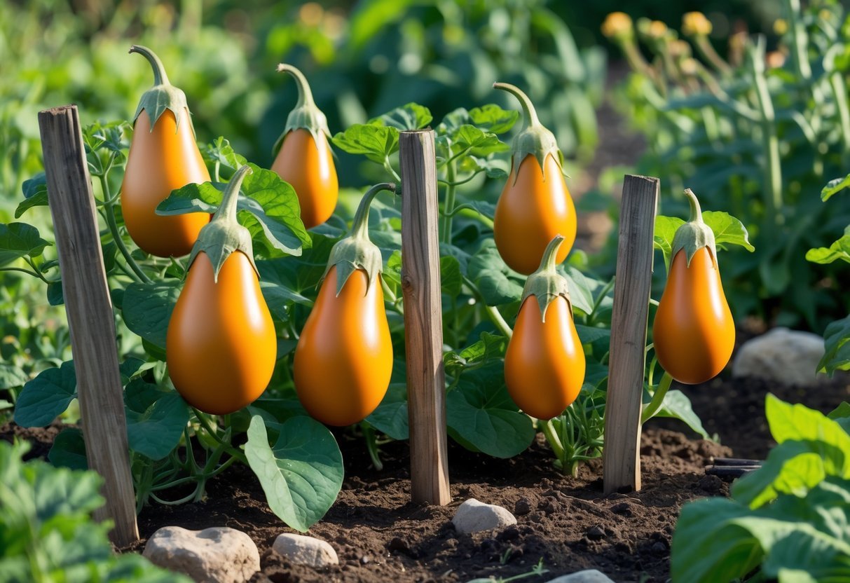 23+ Garden Ideas for Growing Unusual Vegetables: Unique Picks for US Home Gardens 9 A garden with seven bright orange eggplants growing among green plants and other vegetables.