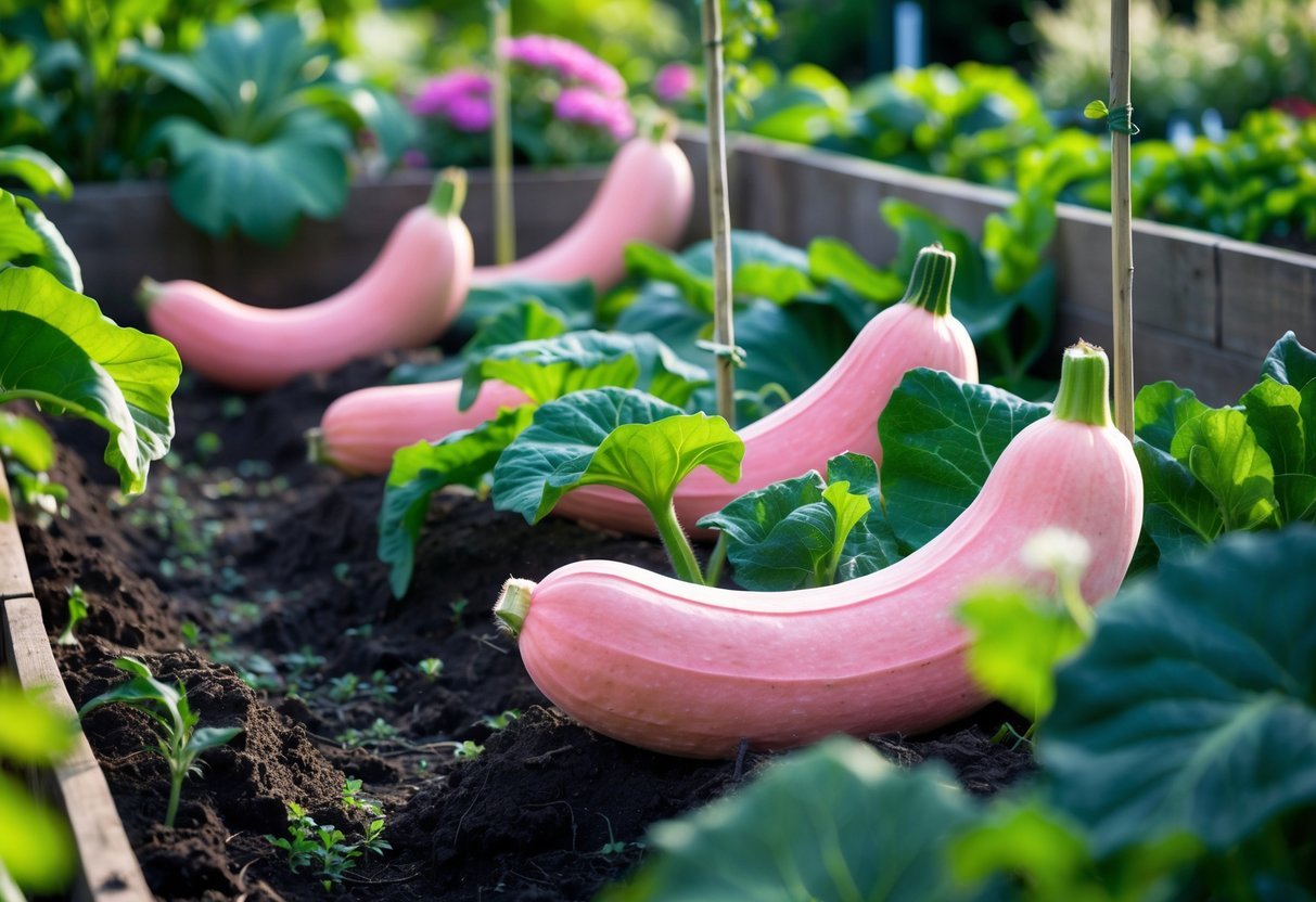 23+ Garden Ideas for Growing Unusual Vegetables: Unique Picks for US Home Gardens 10 A garden with pink banana squash plants growing among green leaves and soil, showing ripe pink squashes on the ground.