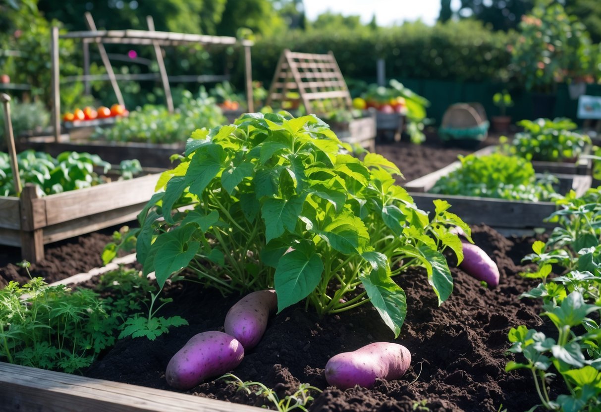 23+ Garden Ideas for Growing Unusual Vegetables: Unique Picks for US Home Gardens 11 A garden with green leaves and purple sweet potato plants growing in soil surrounded by other unusual vegetables and gardening tools.