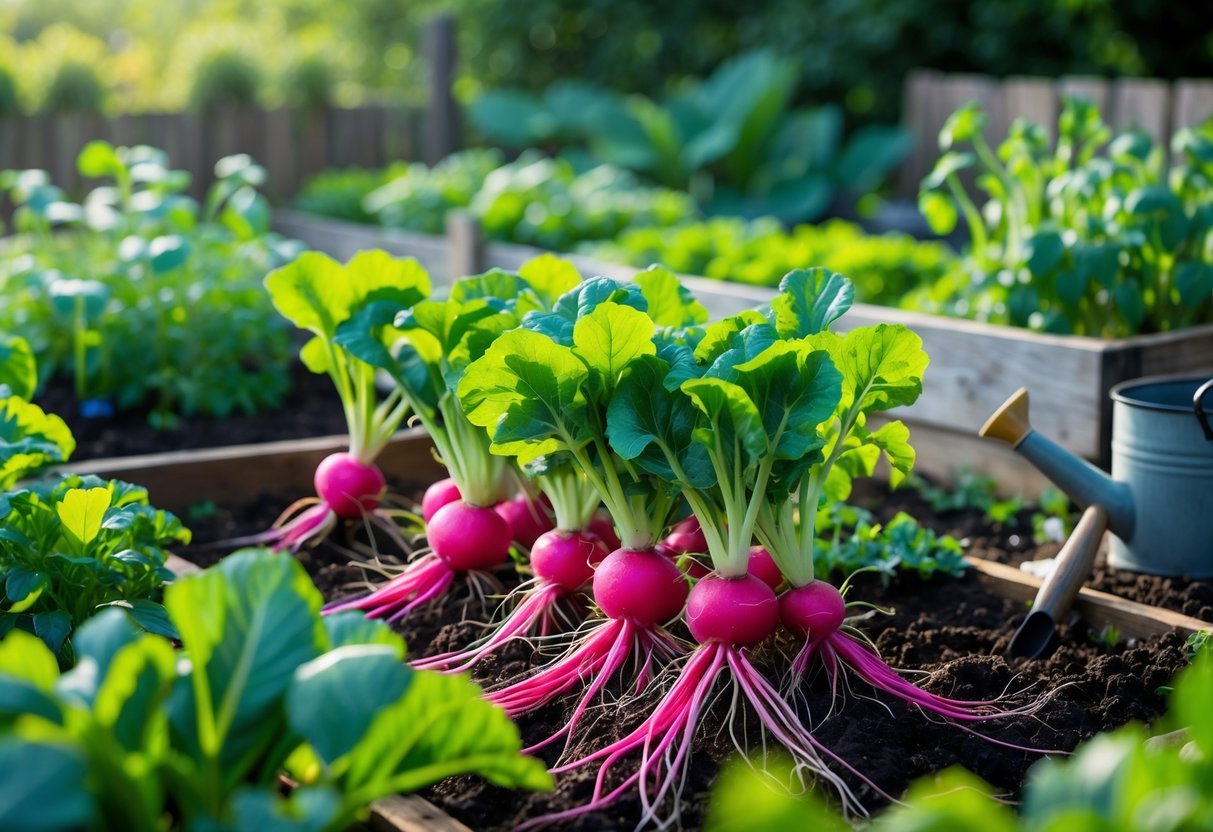 23+ Garden Ideas for Growing Unusual Vegetables: Unique Picks for US Home Gardens 12 A garden bed with rat tail radishes growing, showing long red roots and green leaves among other vegetable plants in sunlight.