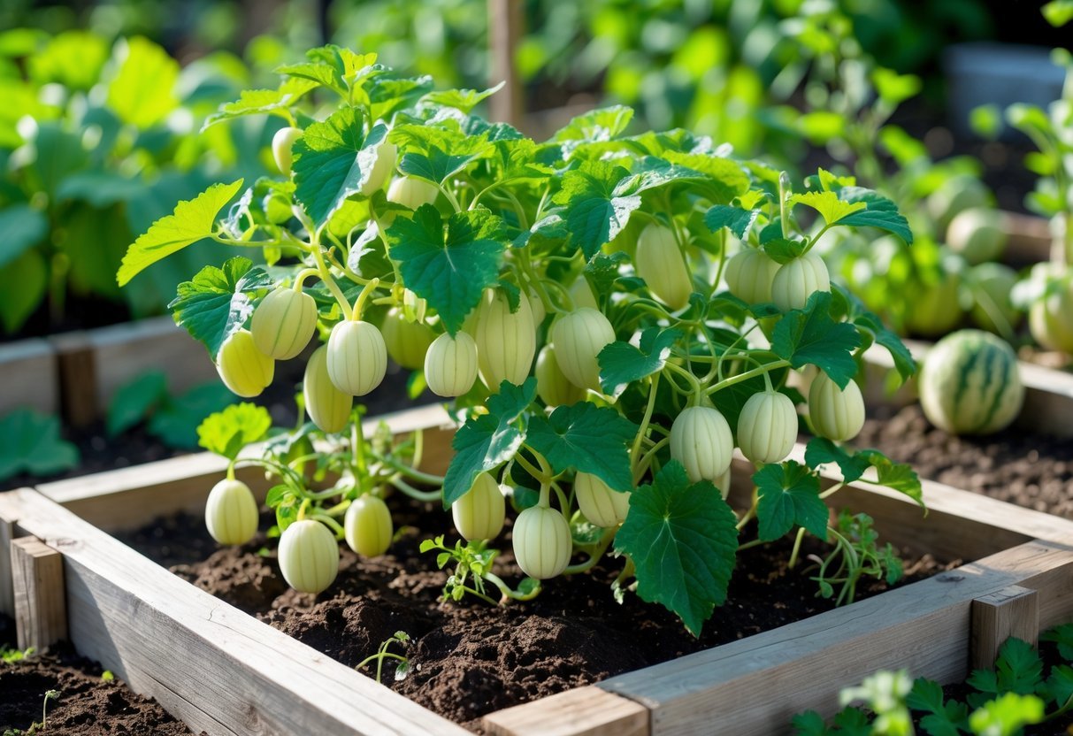 23+ Garden Ideas for Growing Unusual Vegetables: Unique Picks for US Home Gardens 13 A garden bed with green mouse melon vines bearing small oval fruits, surrounded by other unusual vegetable plants.