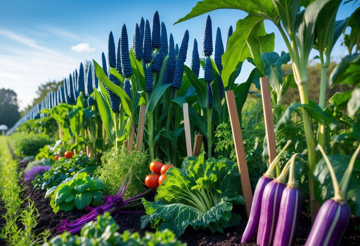 23+ Garden Ideas for Growing Unusual Vegetables: Unique Picks for US Home Gardens 14 A garden with blue Hopi corn plants and various unusual vegetables growing among them under a clear sky.