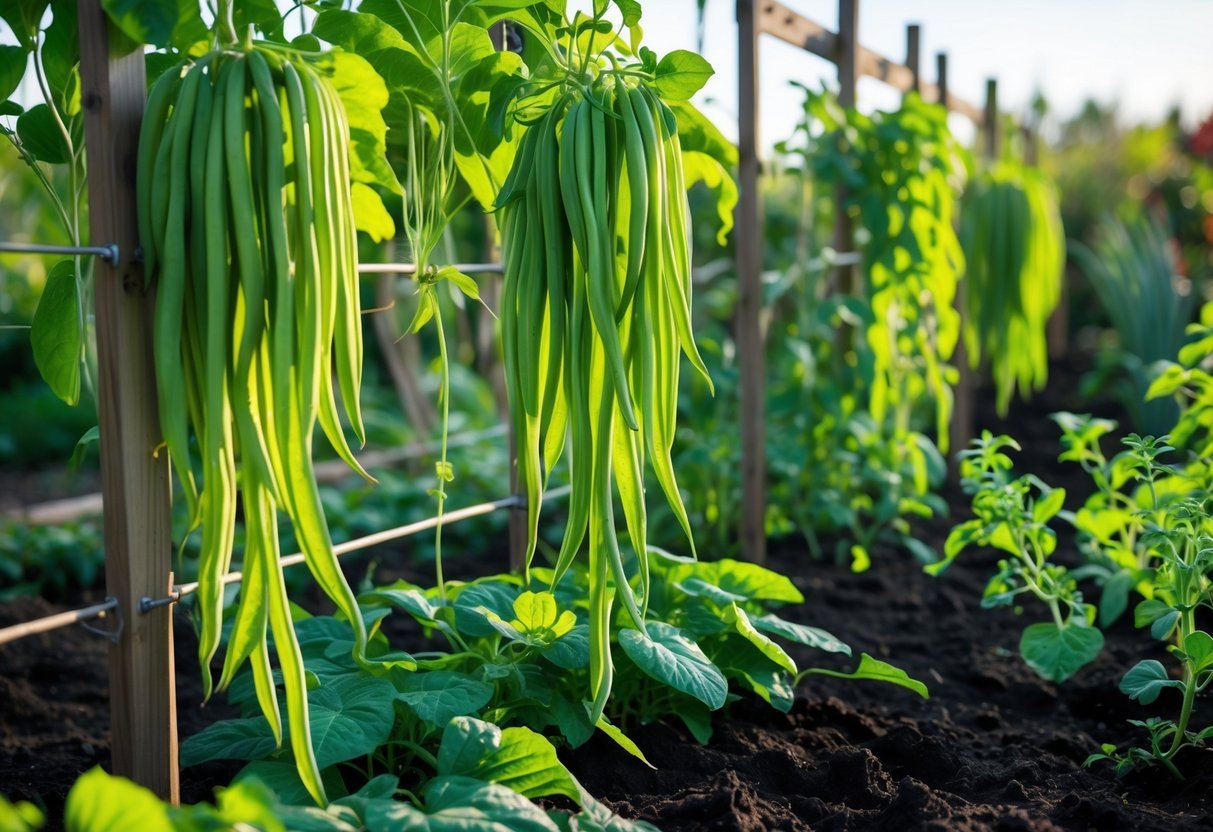 23+ Garden Ideas for Growing Unusual Vegetables: Unique Picks for US Home Gardens 15 A garden bed with yardlong bean plants growing on wooden trellises surrounded by other vegetable plants under natural sunlight.