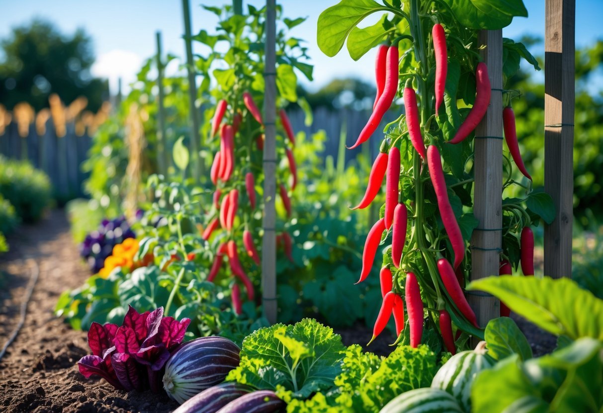 23+ Garden Ideas for Growing Unusual Vegetables: Unique Picks for US Home Gardens 16 A vegetable garden with red noodle beans growing on tall vines supported by wooden trellises, surrounded by various unusual vegetables and green foliage.