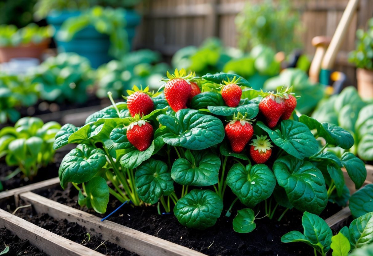 23+ Garden Ideas for Growing Unusual Vegetables: Unique Picks for US Home Gardens 17 A garden bed with ripe strawberries growing among green spinach leaves, surrounded by other vegetable plants and gardening tools.