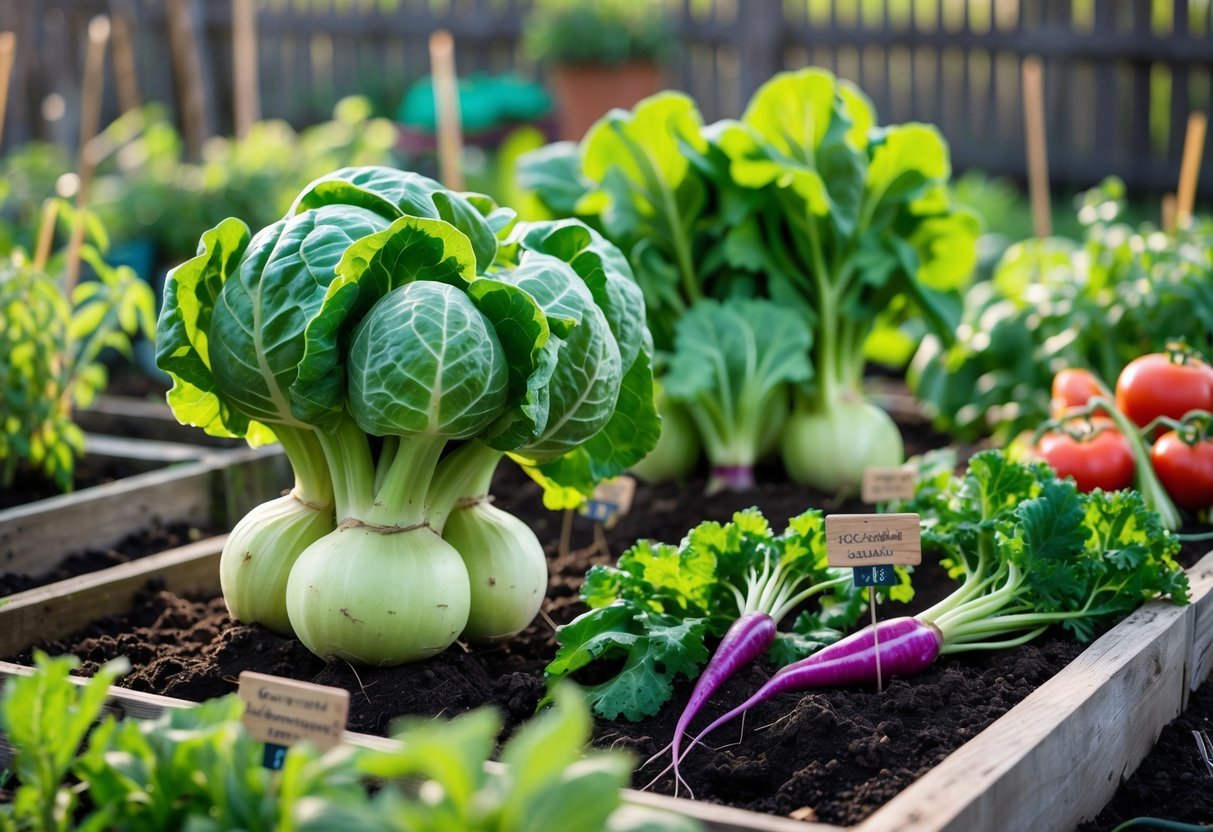 23+ Garden Ideas for Growing Unusual Vegetables: Unique Picks for US Home Gardens 18 A garden with kohlrabi plants and other unusual vegetables growing in neat beds under sunlight.