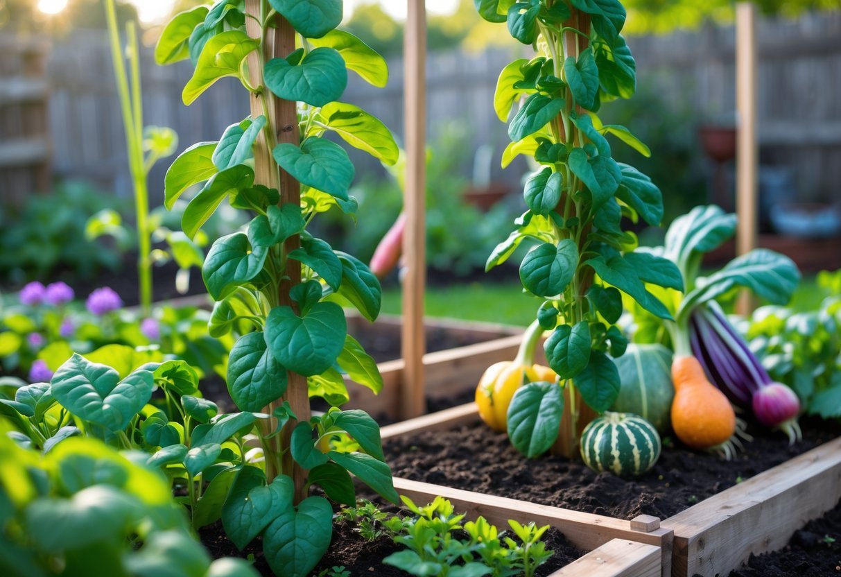 23+ Garden Ideas for Growing Unusual Vegetables: Unique Picks for US Home Gardens 19 A garden with Malabar Spinach plants climbing on trellises surrounded by various unusual vegetables and green foliage.