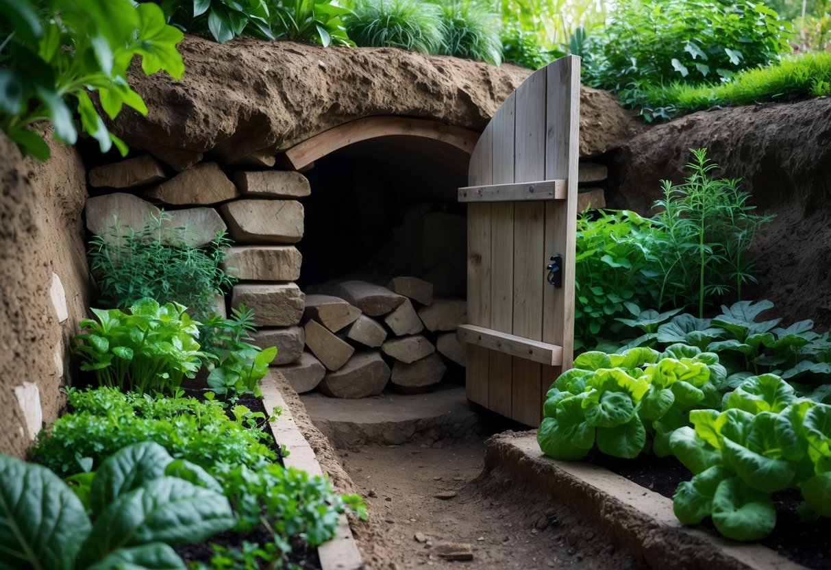 23+ Root Cellar Garden Ideas: Practical Tips for Sustainable US Homegrowers 2 An underground root cellar entrance surrounded by green plants and vegetables in a garden.