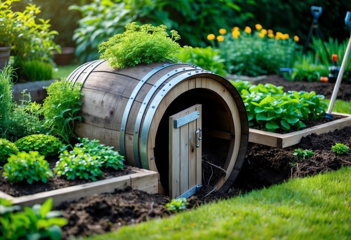 23+ Root Cellar Garden Ideas: Practical Tips for Sustainable US Homegrowers 3 In-ground wooden barrel root cellar entrance surrounded by green plants and garden beds in a backyard garden.