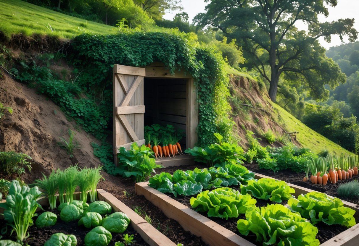 23+ Root Cellar Garden Ideas: Practical Tips for Sustainable US Homegrowers 4 A hillside root cellar with a wooden door surrounded by a garden of vegetables and plants on a gentle slope.