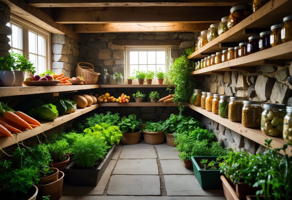 23+ Root Cellar Garden Ideas: Practical Tips for Sustainable US Homegrowers 5 A basement root cellar converted into an indoor garden with wooden shelves holding fresh vegetables, fruits, jars, and potted plants under natural light.