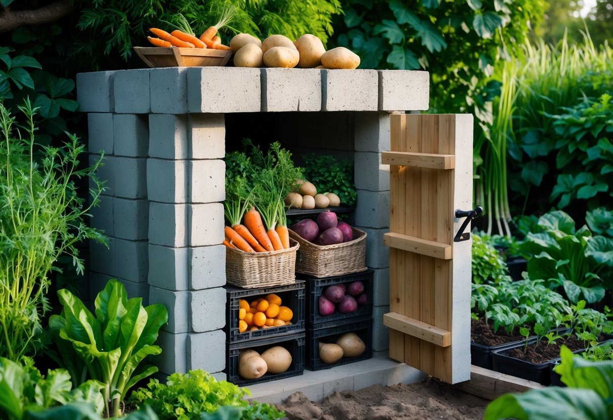23+ Root Cellar Garden Ideas: Practical Tips for Sustainable US Homegrowers 6 A concrete block root cellar with an open wooden door showing baskets of root vegetables, surrounded by green garden plants and vegetable beds.