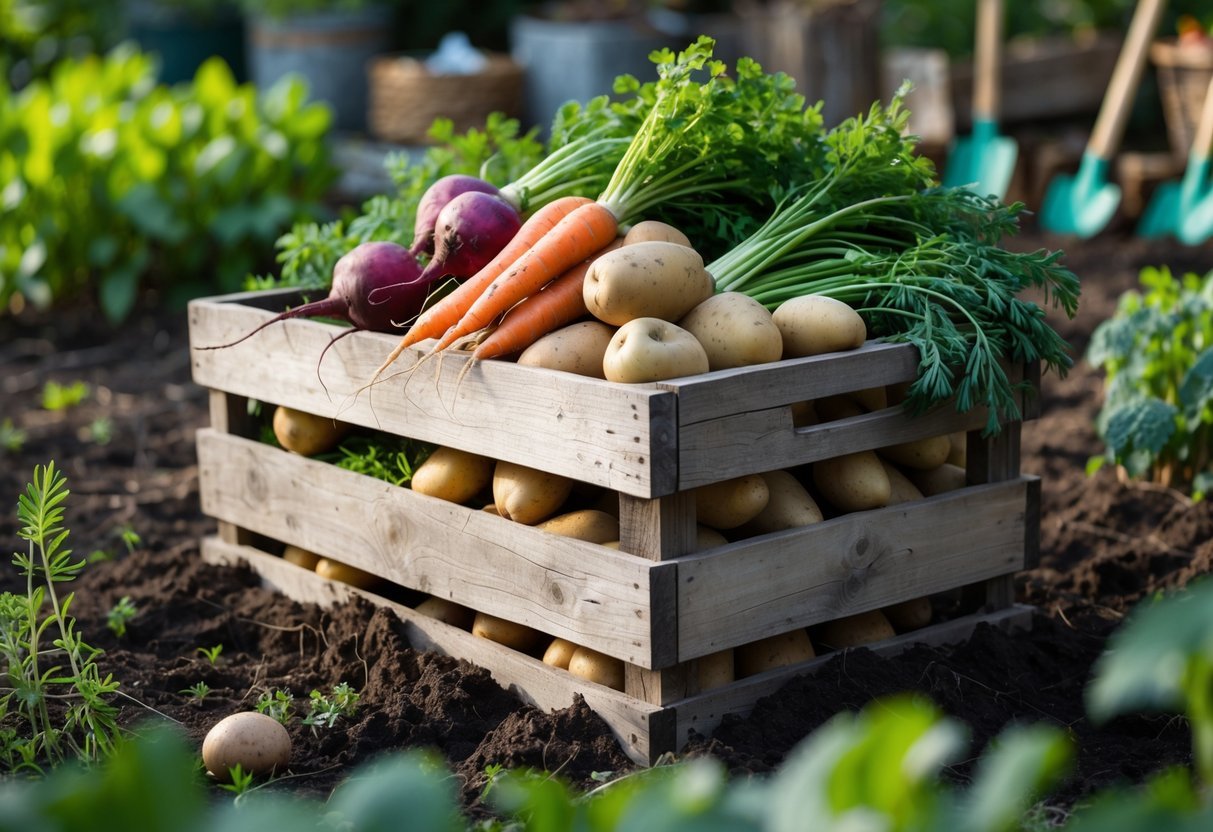 23+ Root Cellar Garden Ideas: Practical Tips for Sustainable US Homegrowers 7 Wooden crate filled with fresh root vegetables like carrots, potatoes, beets, and onions in a garden setting.
