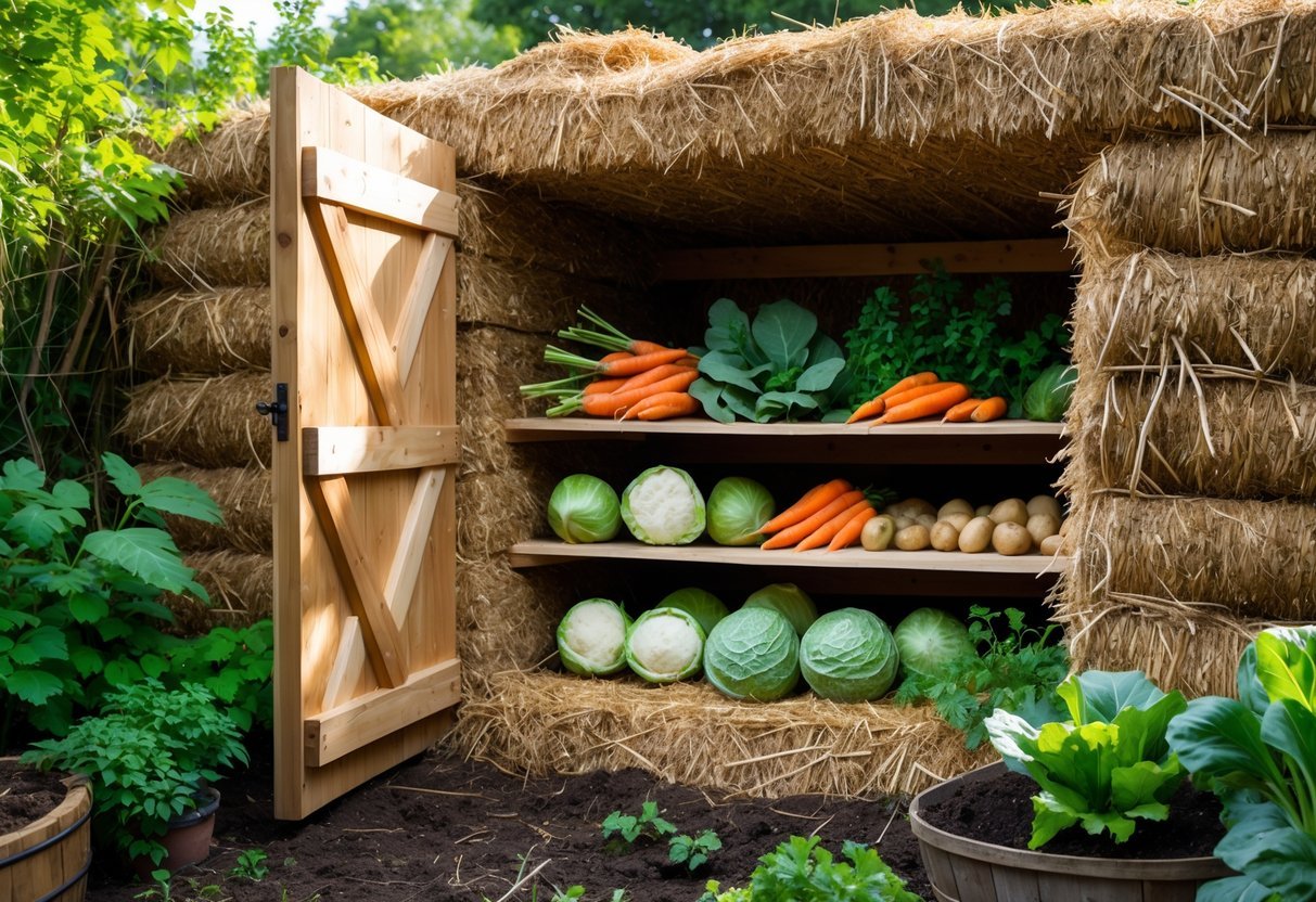 23+ Root Cellar Garden Ideas: Practical Tips for Sustainable US Homegrowers 8 A root cellar with straw bale insulation surrounded by a garden, showing fresh vegetables stored inside on wooden shelves.