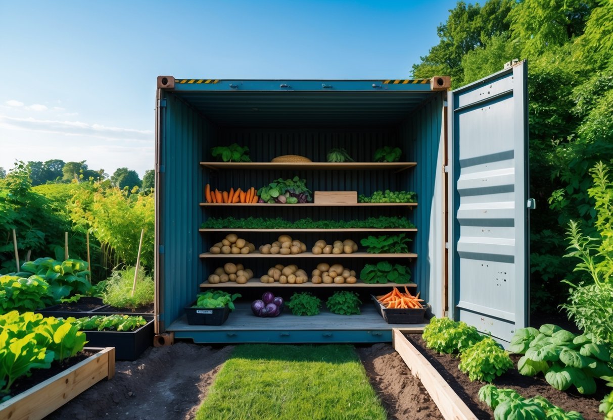 23+ Root Cellar Garden Ideas: Practical Tips for Sustainable US Homegrowers 9 A shipping container converted into a root cellar with shelves of root vegetables inside, surrounded by a thriving garden with various plants and vegetables.