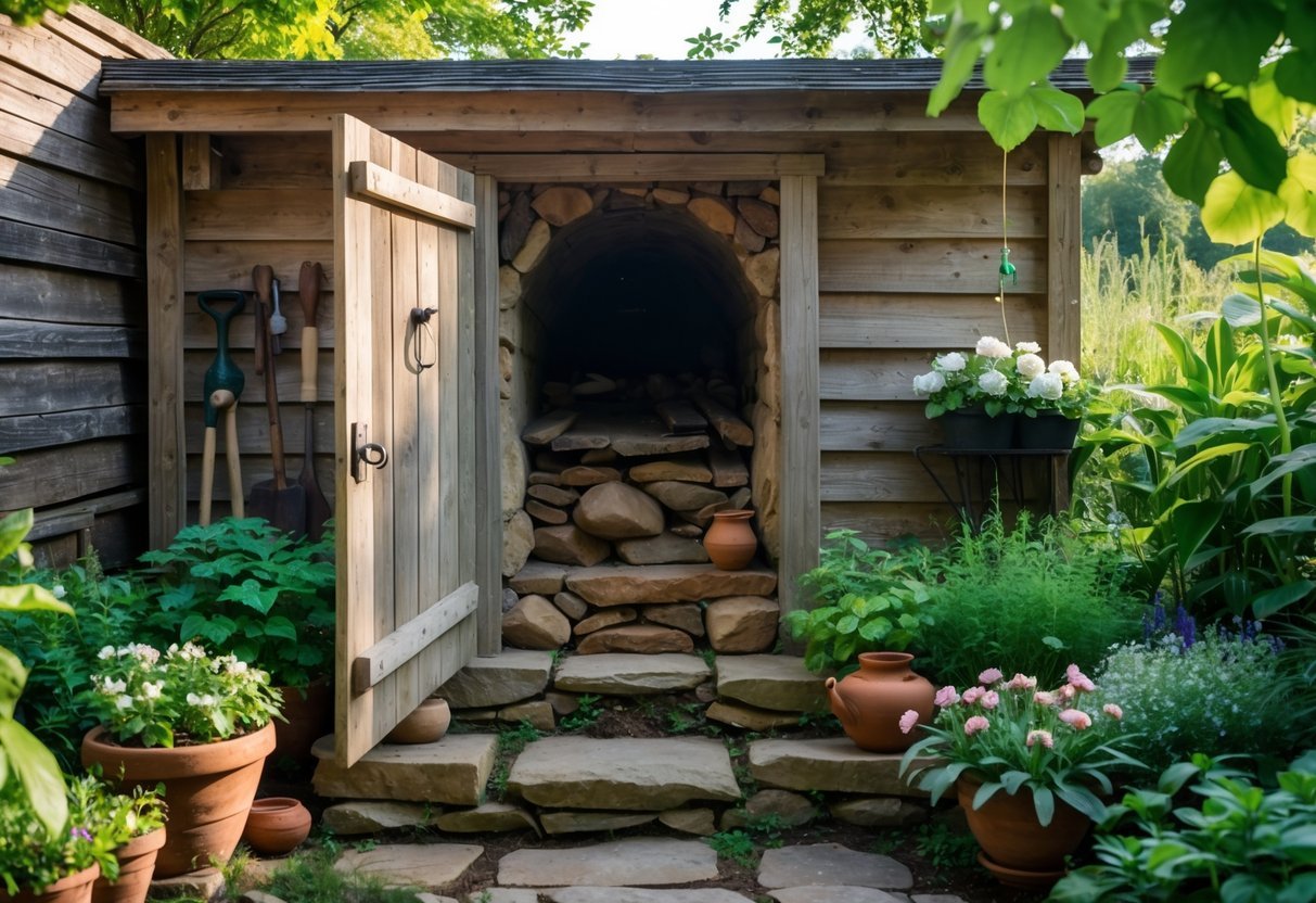 23+ Root Cellar Garden Ideas: Practical Tips for Sustainable US Homegrowers 10 A root cellar entrance under a wooden garden shed surrounded by green plants and garden tools.
