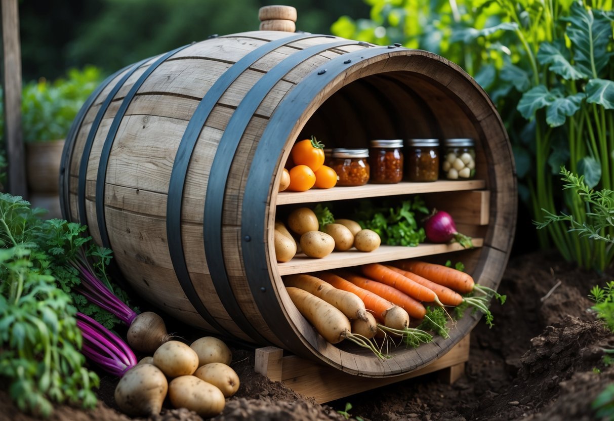 23+ Root Cellar Garden Ideas: Practical Tips for Sustainable US Homegrowers 11 A wooden wine barrel used as a root cellar surrounded by fresh root vegetables and green plants in a garden.