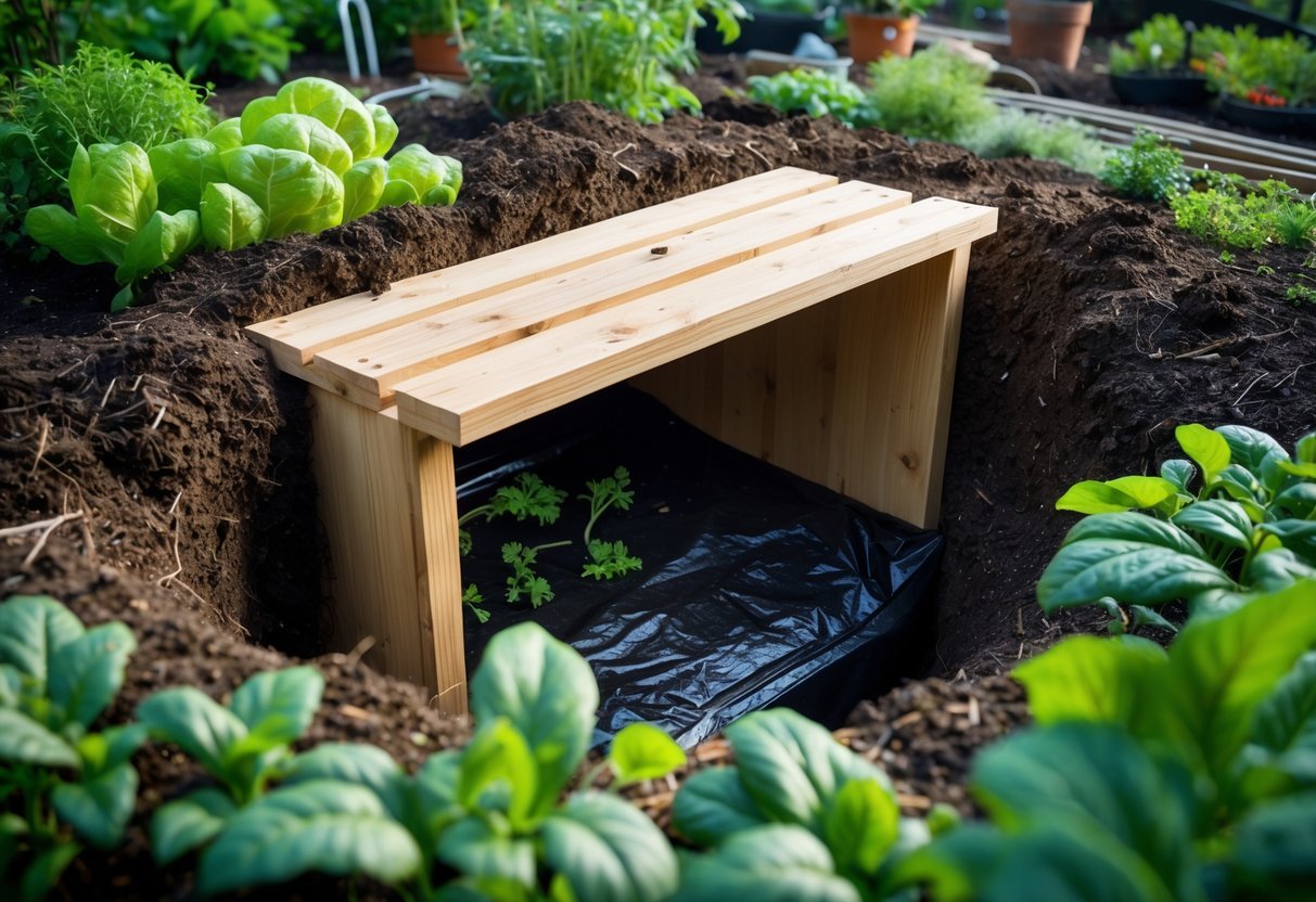 23+ Root Cellar Garden Ideas: Practical Tips for Sustainable US Homegrowers 12 A cold storage trench with a wooden cover partially open in a garden surrounded by green plants and soil.