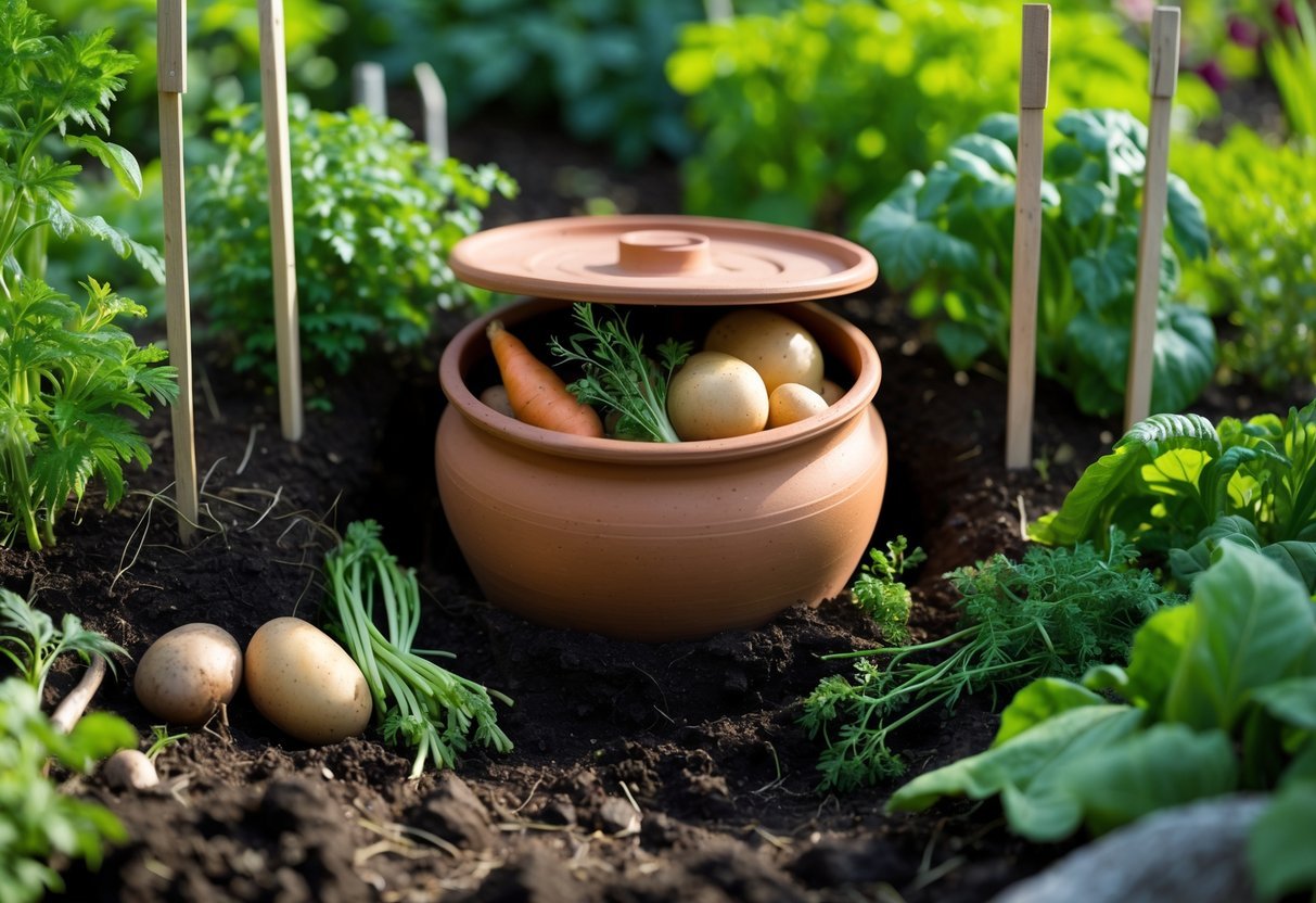 23+ Root Cellar Garden Ideas: Practical Tips for Sustainable US Homegrowers 13 A small clay pot mini root cellar buried in soil surrounded by green plants and fresh vegetables in a garden.