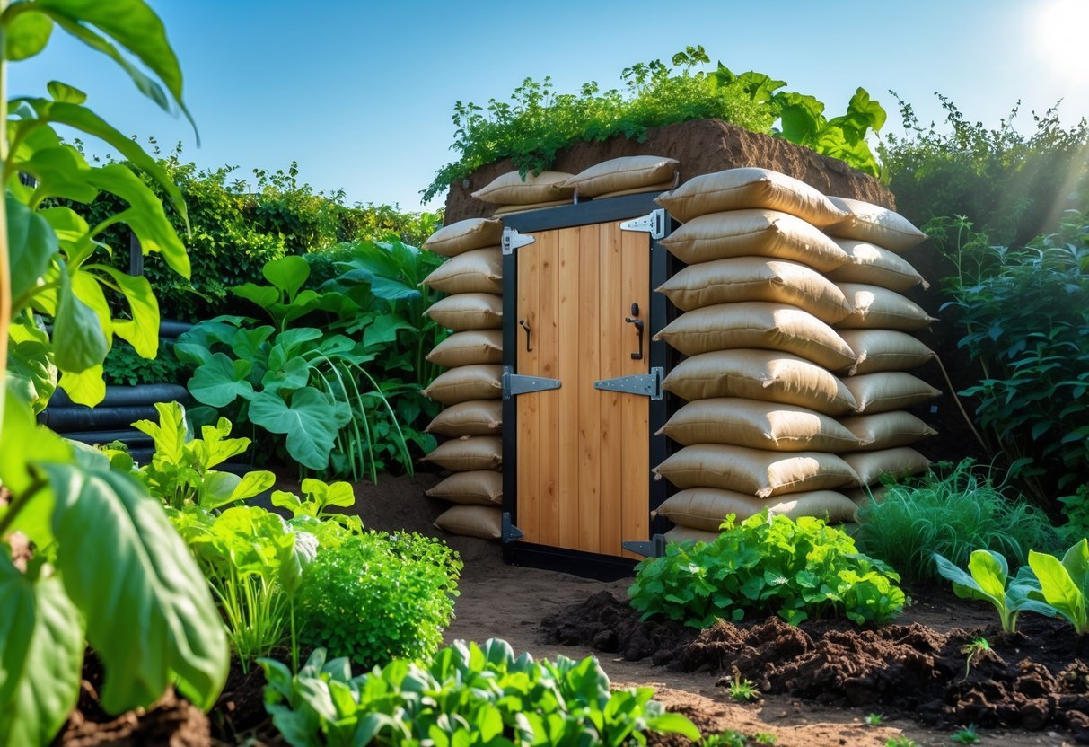 23+ Root Cellar Garden Ideas: Practical Tips for Sustainable US Homegrowers 14 An earthbag root cellar with a wooden door surrounded by a thriving garden of vegetables and herbs under a clear sky.