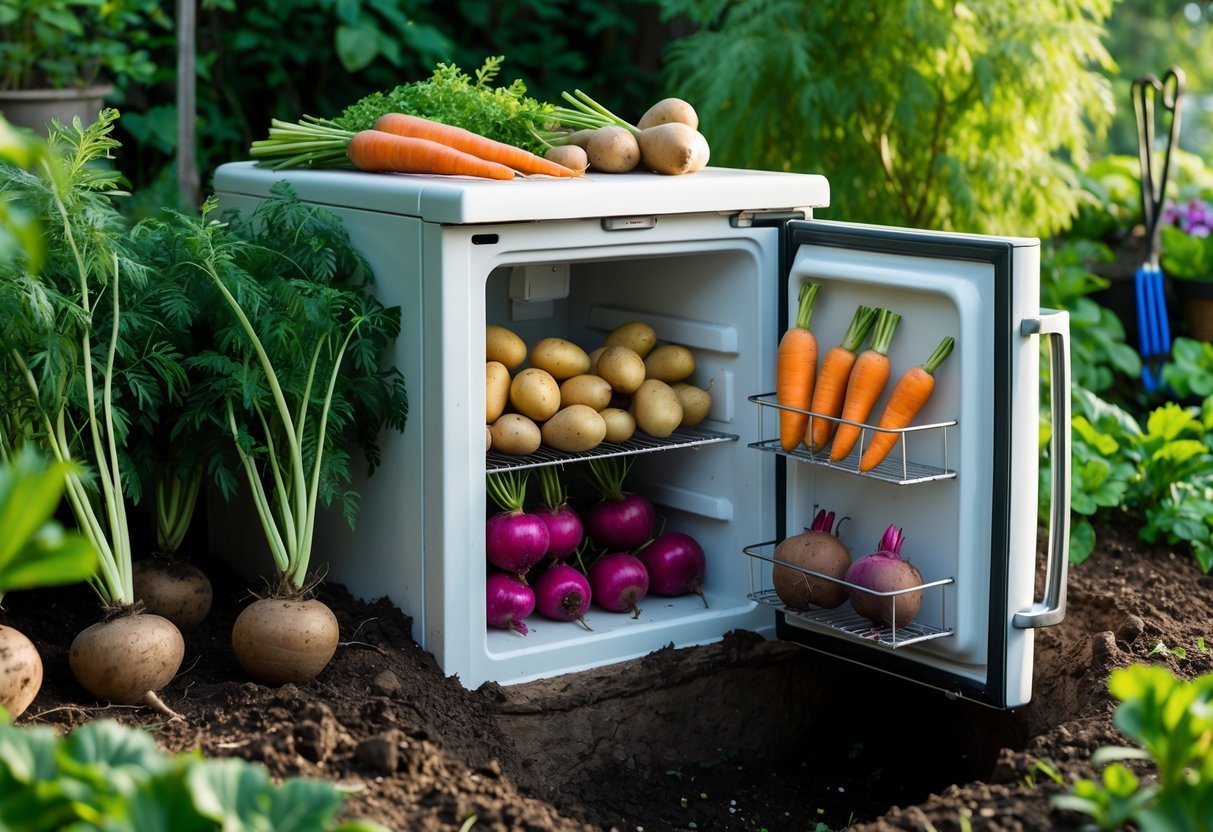 23+ Root Cellar Garden Ideas: Practical Tips for Sustainable US Homegrowers 15 An old refrigerator buried in a garden used as a root cellar storing fresh vegetables.